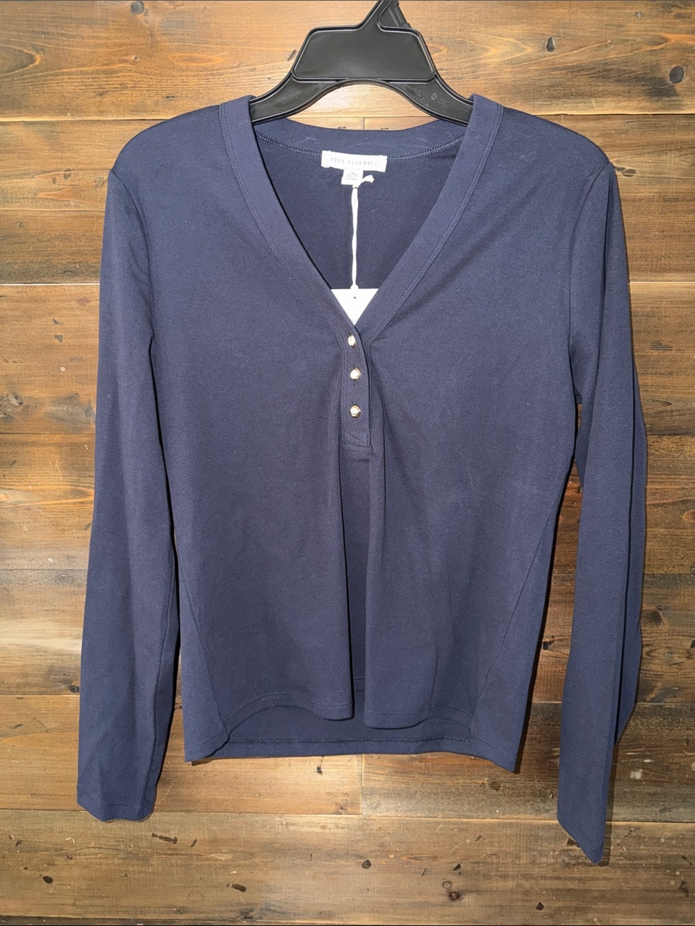 Free Assembly Navy V-Neck Long Sleeve Top with Button Placket